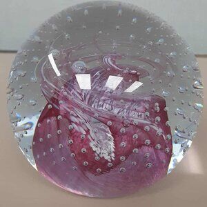 Vintage Art Glass Pink and White Swirl Flower Paperweight Controlled bubbles